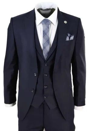 New Mens 3 Piece Suit Plain Navy Classic Tailored Fit Smart Casual 1920s Formal
