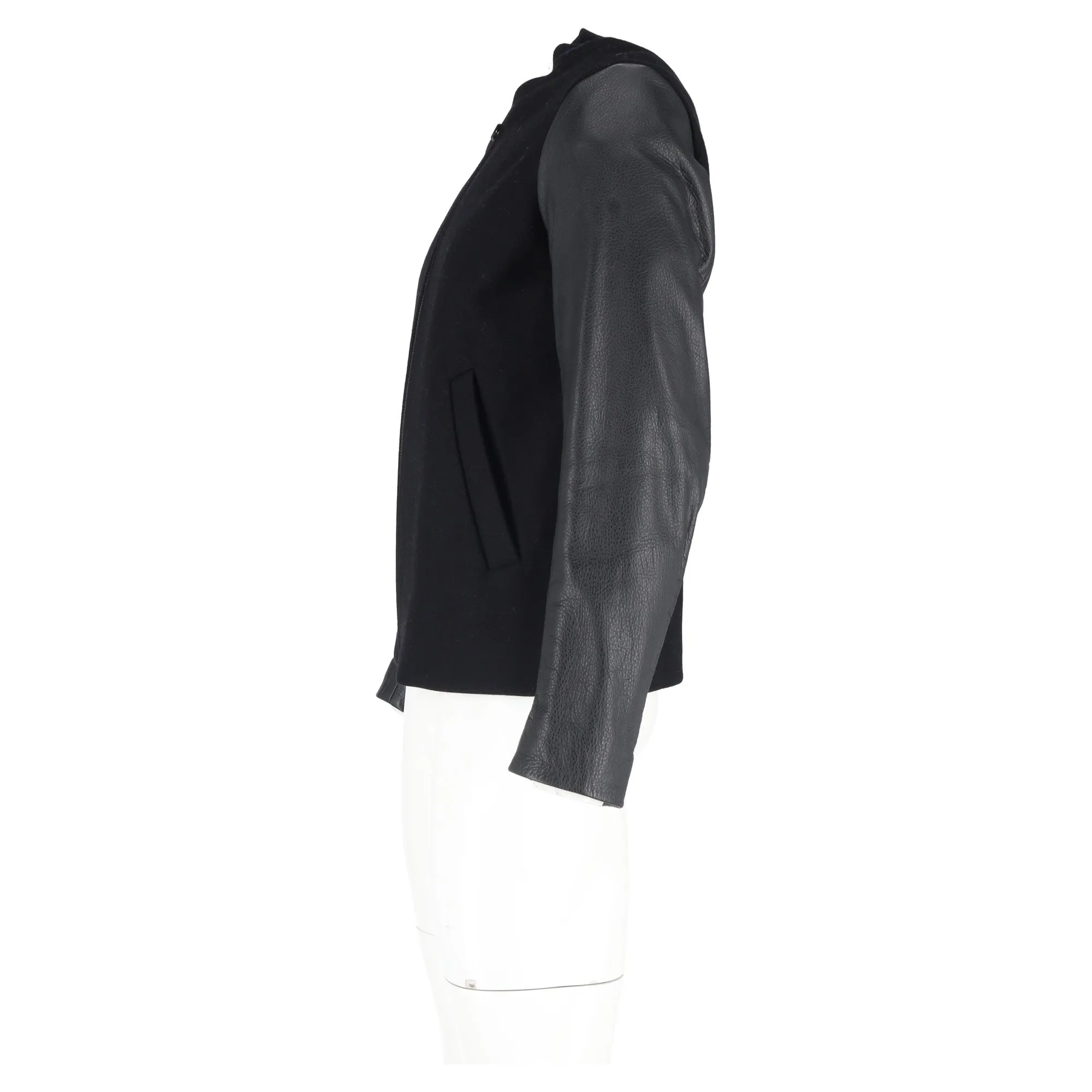 Sandro Paris Zipped Jacket in Black Wool and Leather