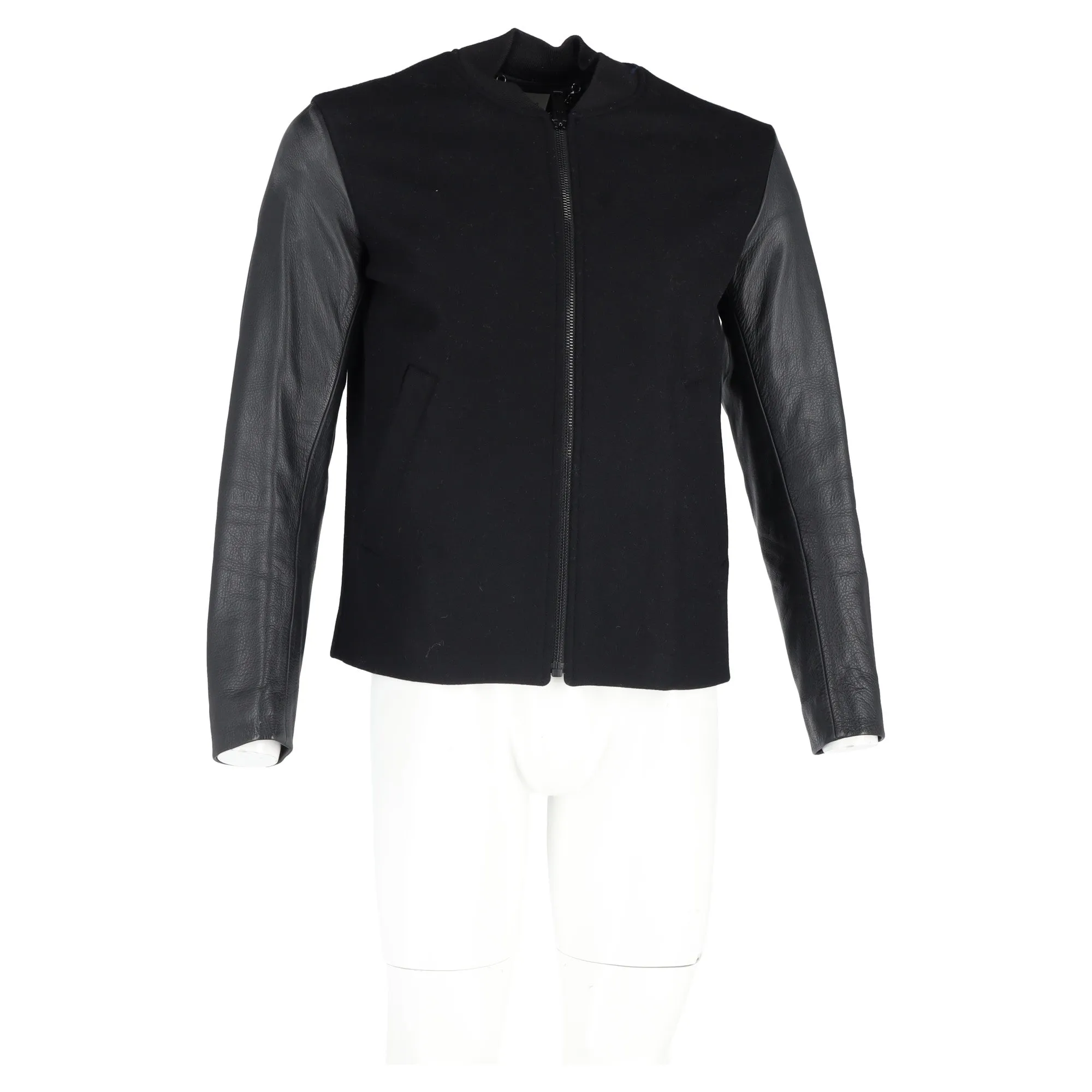 Sandro Paris Zipped Jacket in Black Wool and Leather