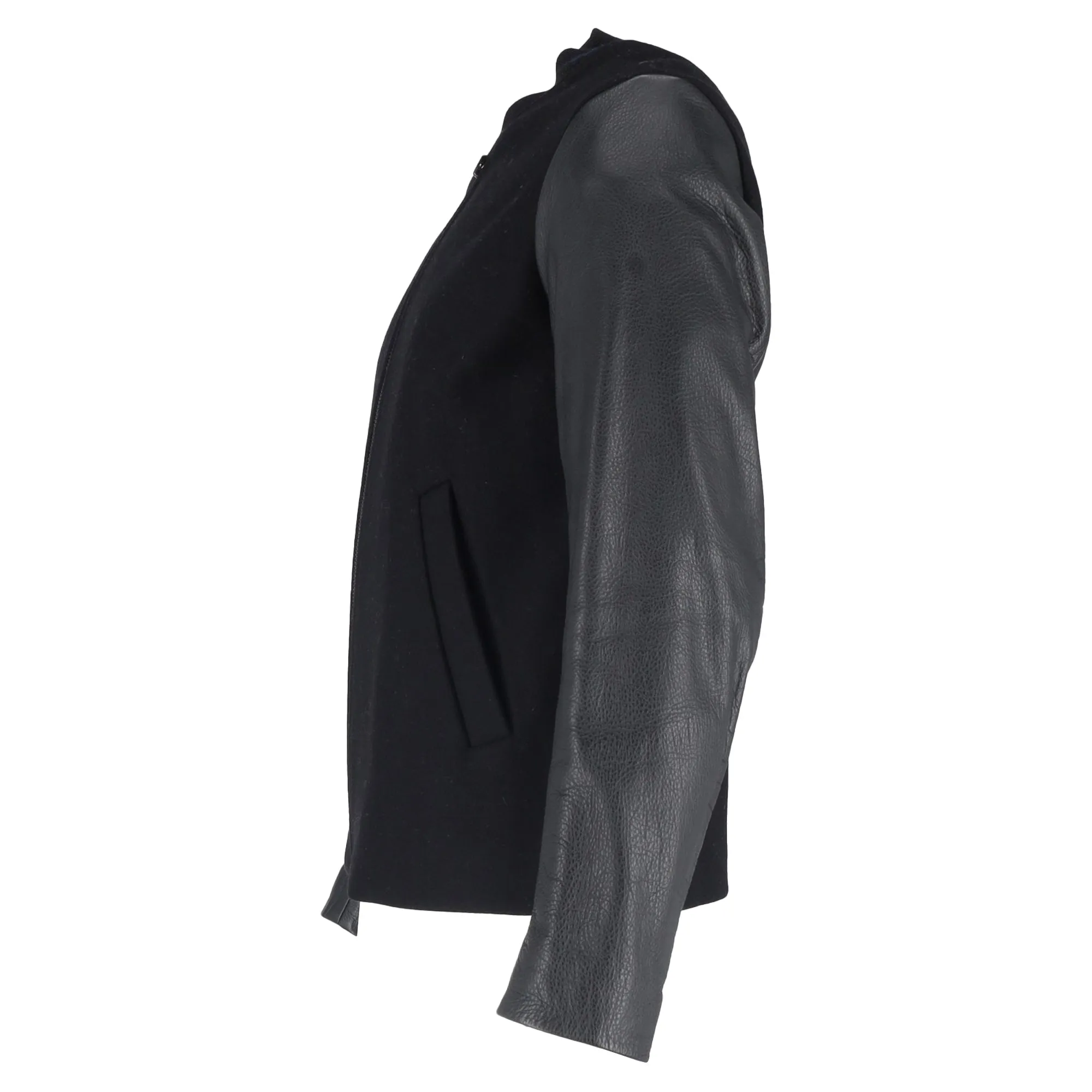 Sandro Paris Zipped Jacket in Black Wool and Leather