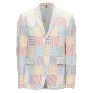 Thom E colourful stripes patchwork seersucker button blazer jacket